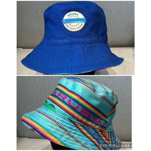 Aruba Reversible Bucket Hat Blue Turquoise Stripe Sun Packable Travel Outdoors - Picture 1 of 8